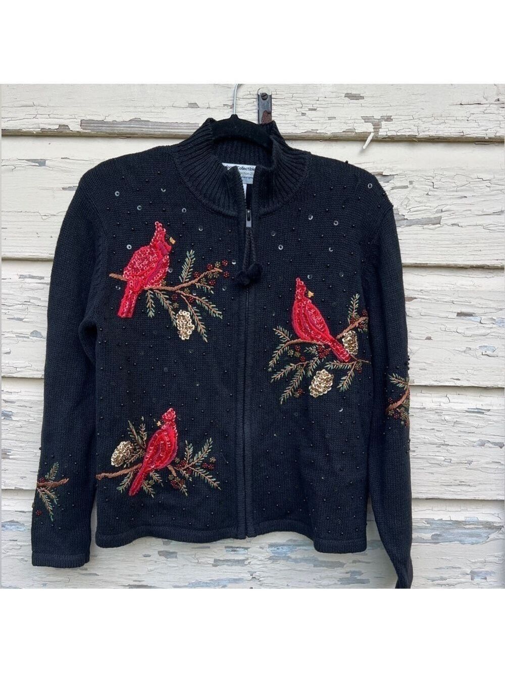 Vintage Heirloom Collectibles Y2K Christmas Red Birds Beaded Cardigan Sweater PS
